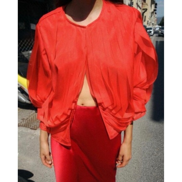Zara Jackets & Blazers - Zara Red Pleated‎ Organza Jacket Open Front Voluminous Sleeve XL
